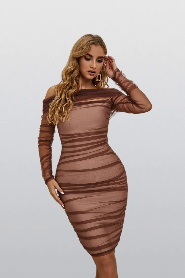 Ashley Brown Satin Ruched Bandage Dress