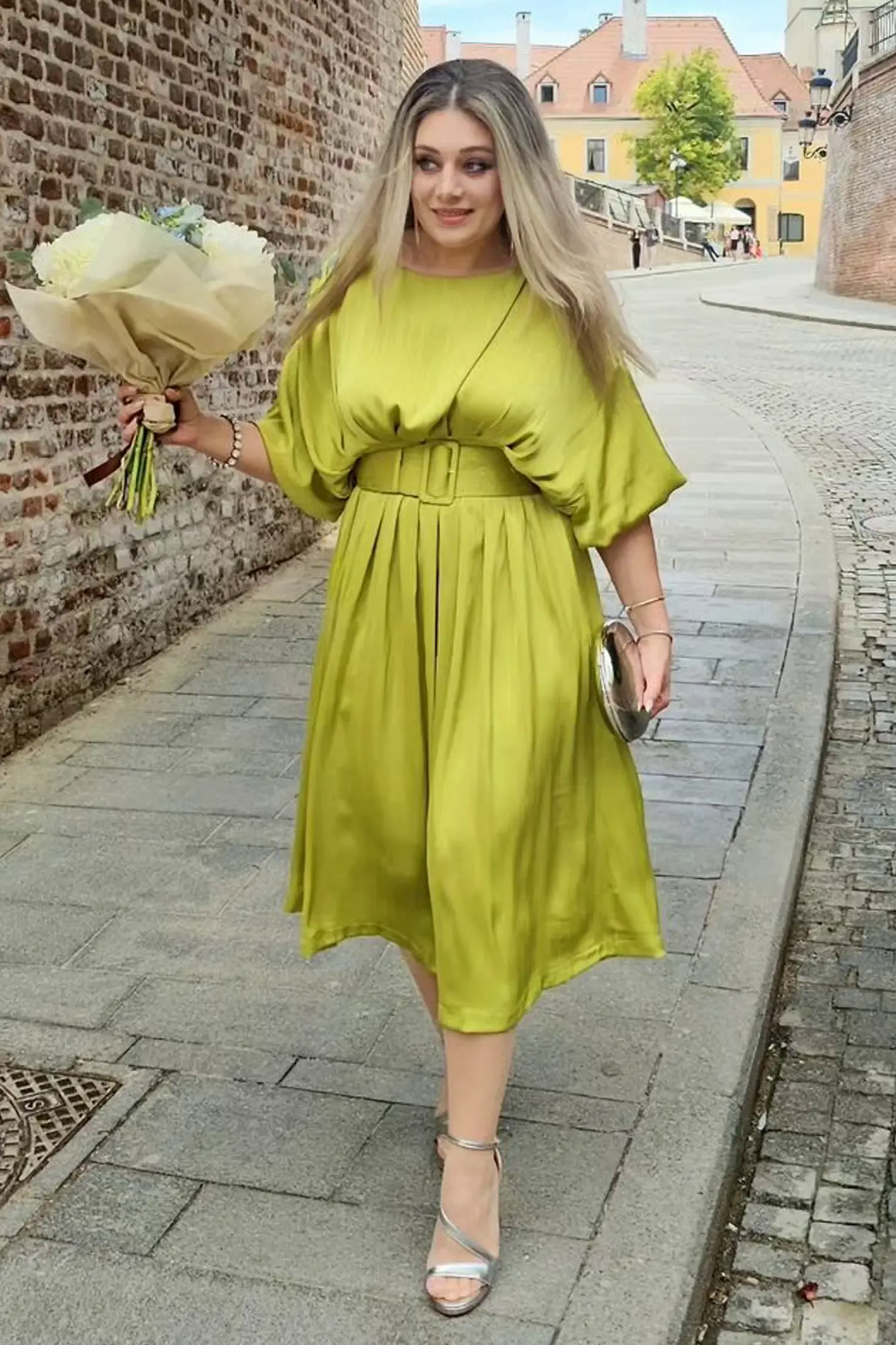 Flora Satin Midi Dress-Light Green