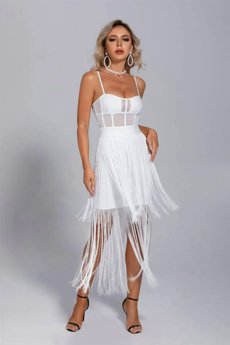 Ellie White Slip Tassel Party Dress