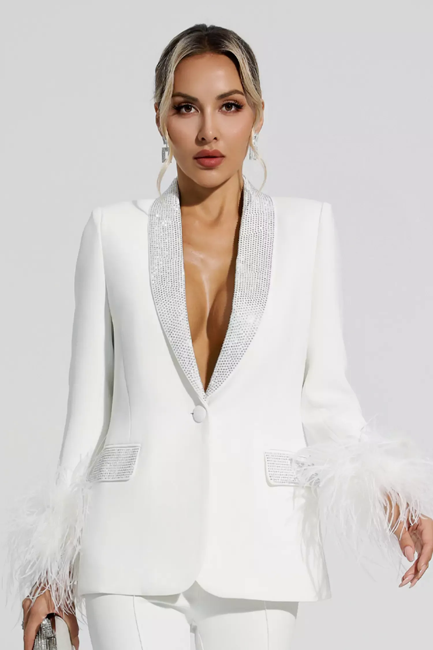 Angel White Feather Trim Diamond Blazer Set Angel White Feather Trim Diamond Blazer Set