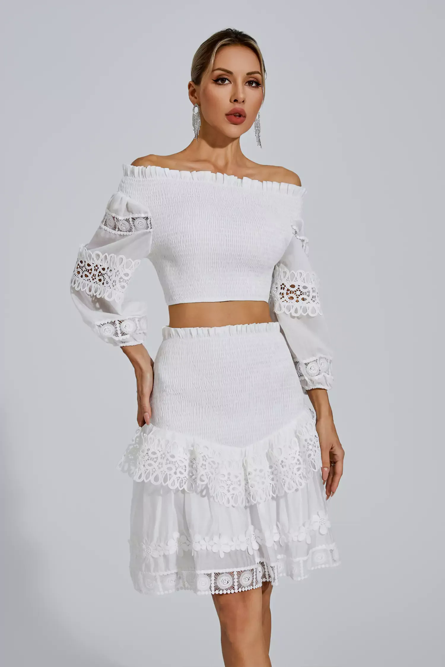 Raina White One-Shoulder Embroidered Set Raina White One-Shoulder Embroidered Set