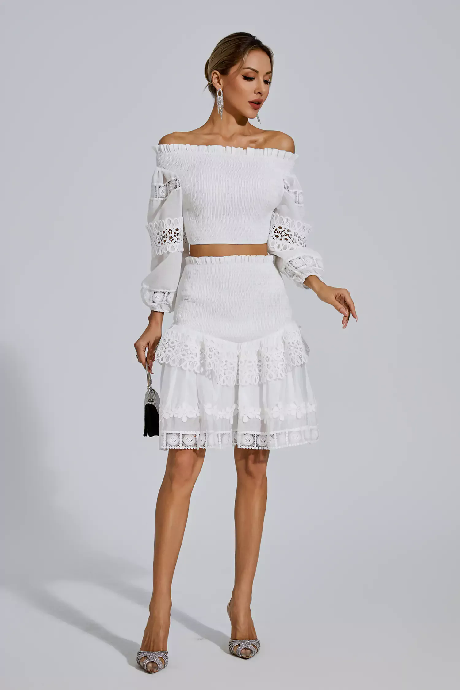 Raina White One-Shoulder Embroidered Set Raina White One-Shoulder Embroidered Set