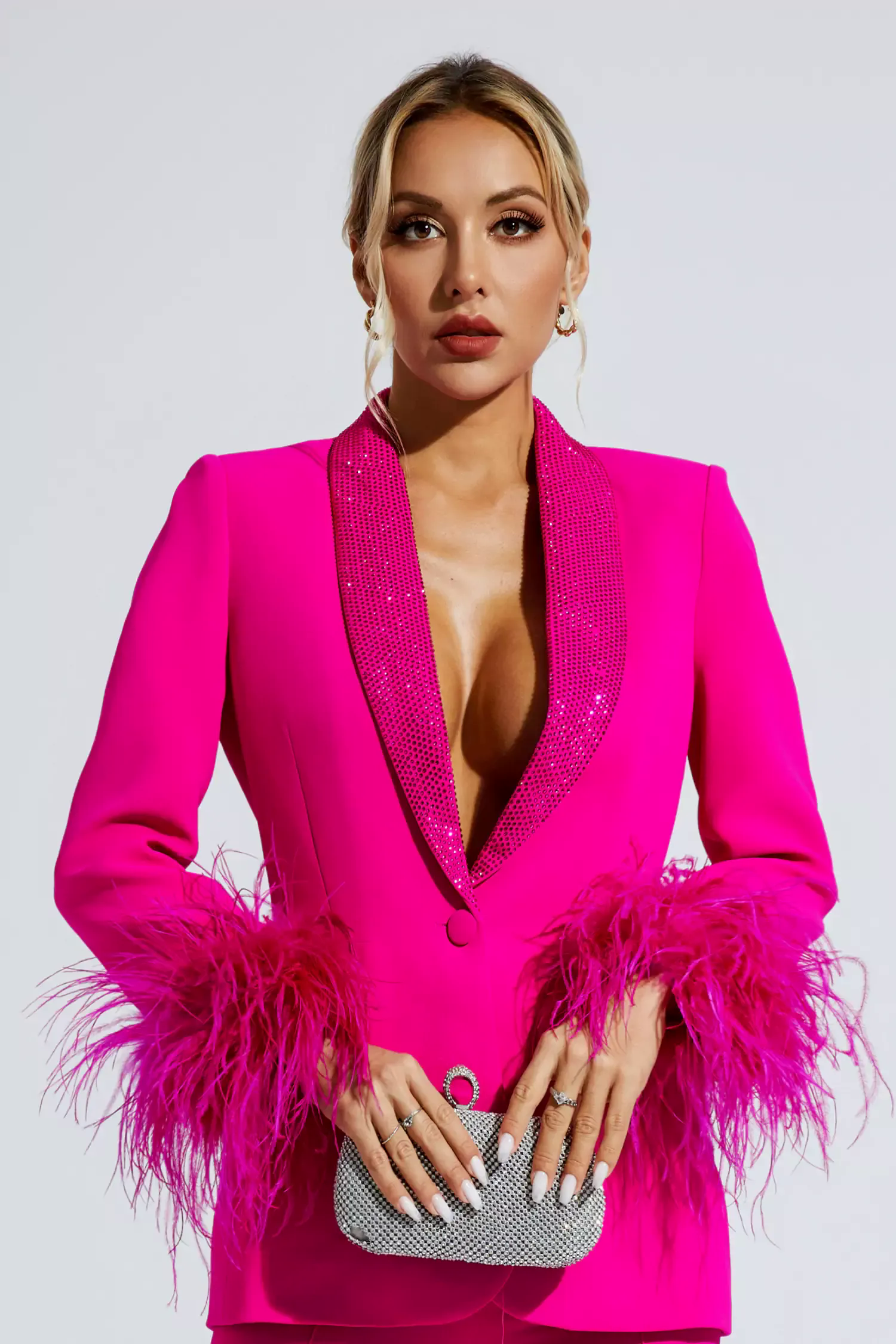Angel Pink Feather Trim Diamond Blazer Set Angel Pink Feather Trim Diamond Blazer Set