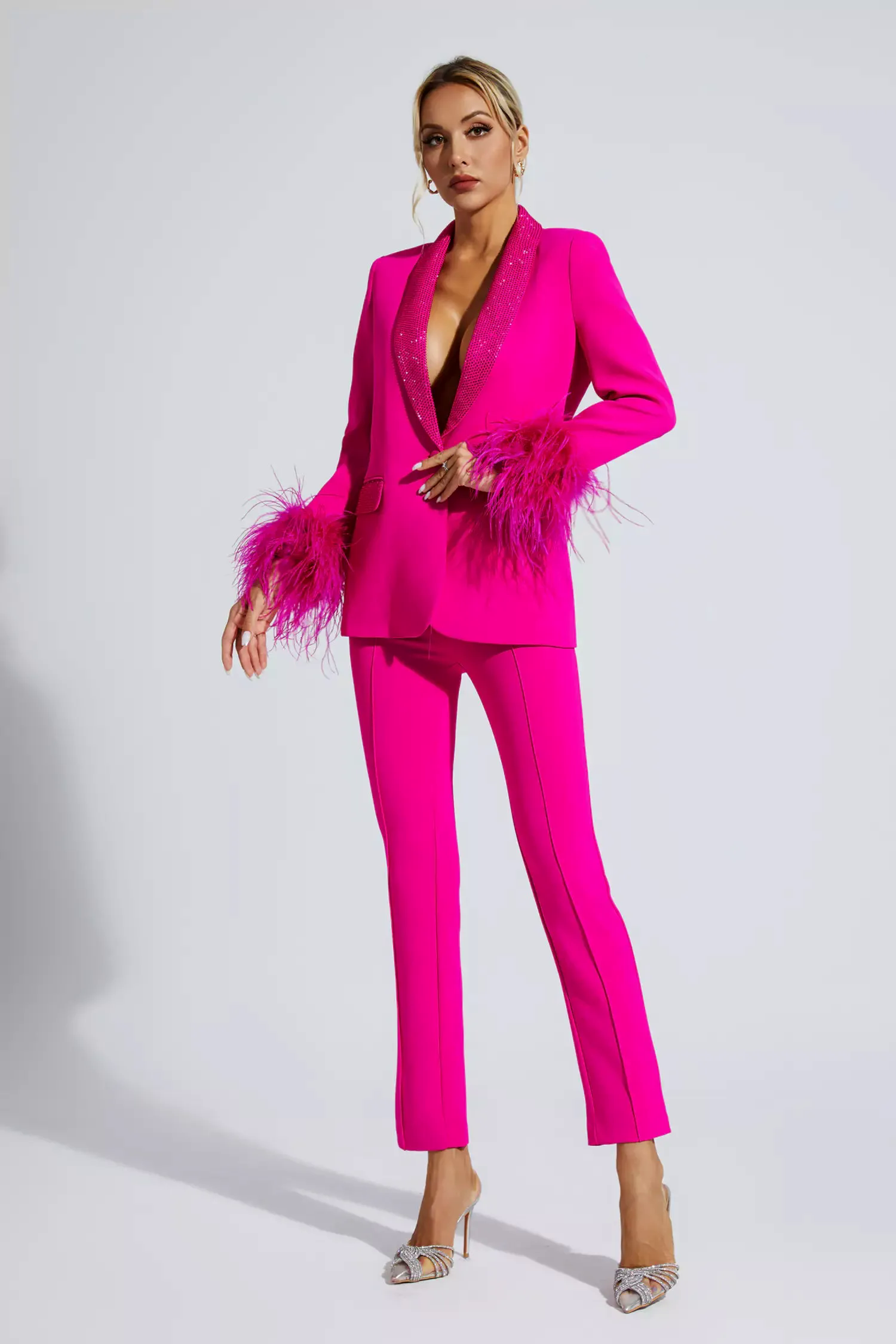 Angel Pink Feather Trim Diamond Blazer Set Angel Pink Feather Trim Diamond Blazer Set