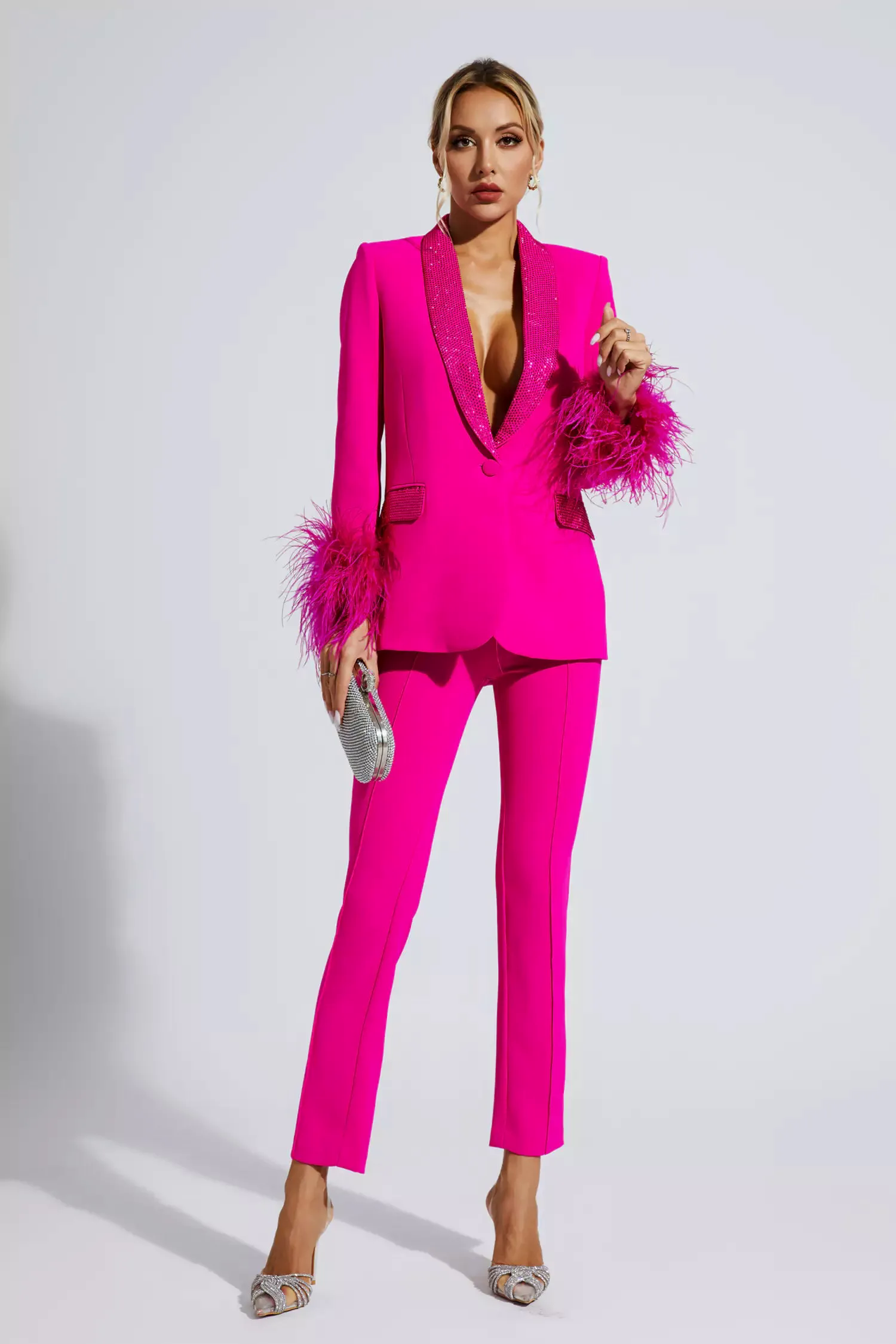 Angel Pink Feather Trim Diamond Blazer Set Angel Pink Feather Trim Diamond Blazer Set