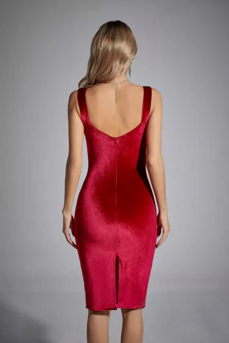 Ember Red Mesh Velvet Midi Dress Ember Red Mesh Velvet Midi Dress