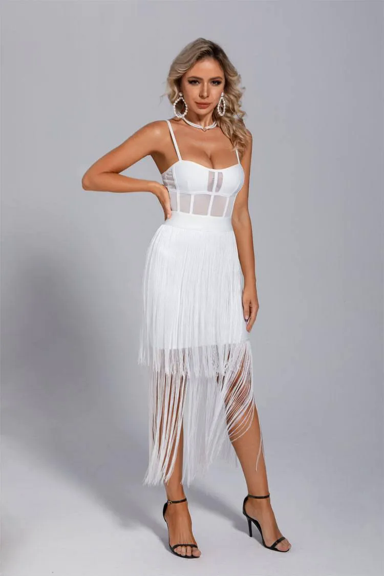 Ellie White Slip Tassel Party Dress