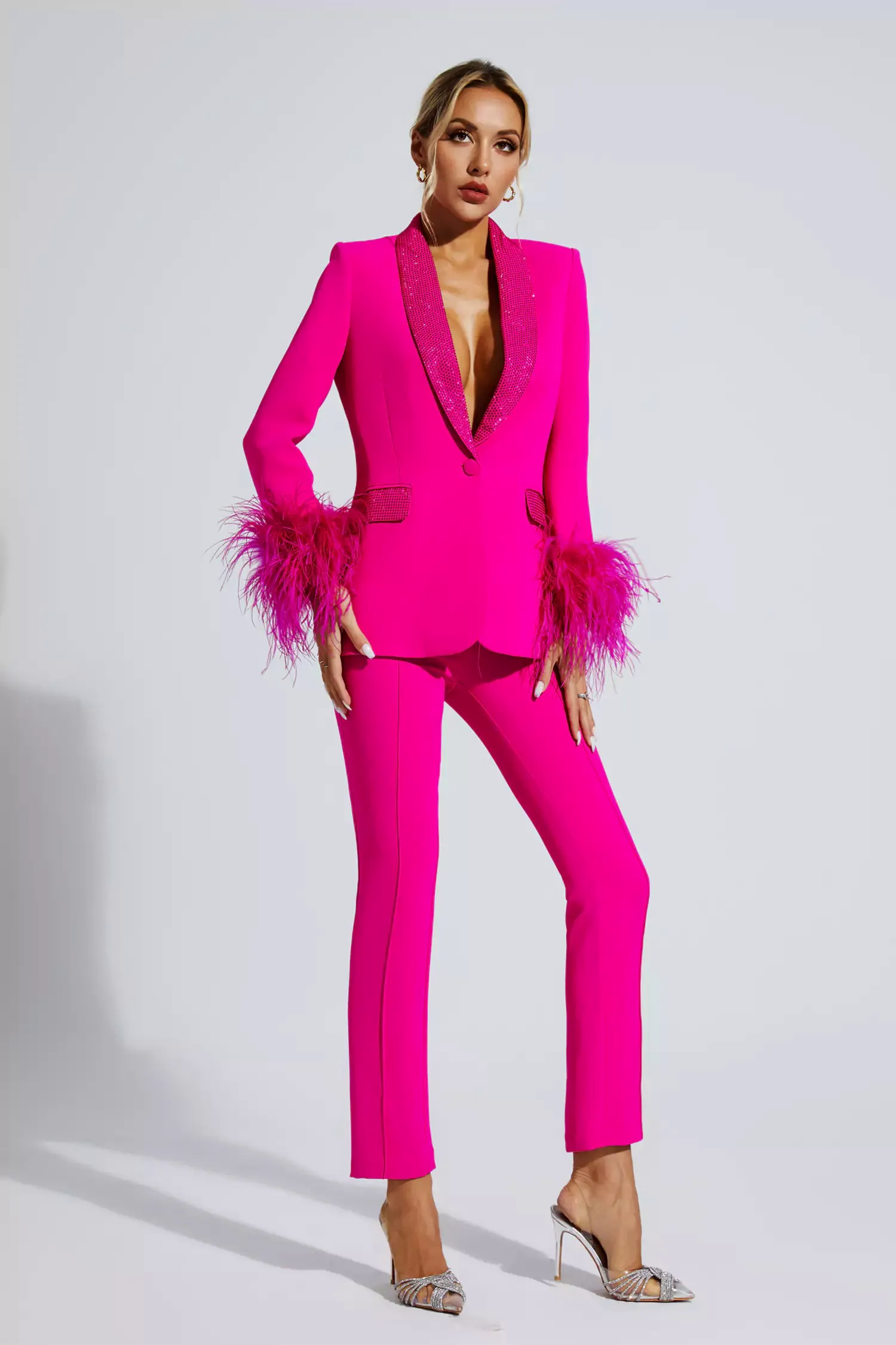 Angel Pink Feather Trim Diamond Blazer Set Angel Pink Feather Trim Diamond Blazer Set
