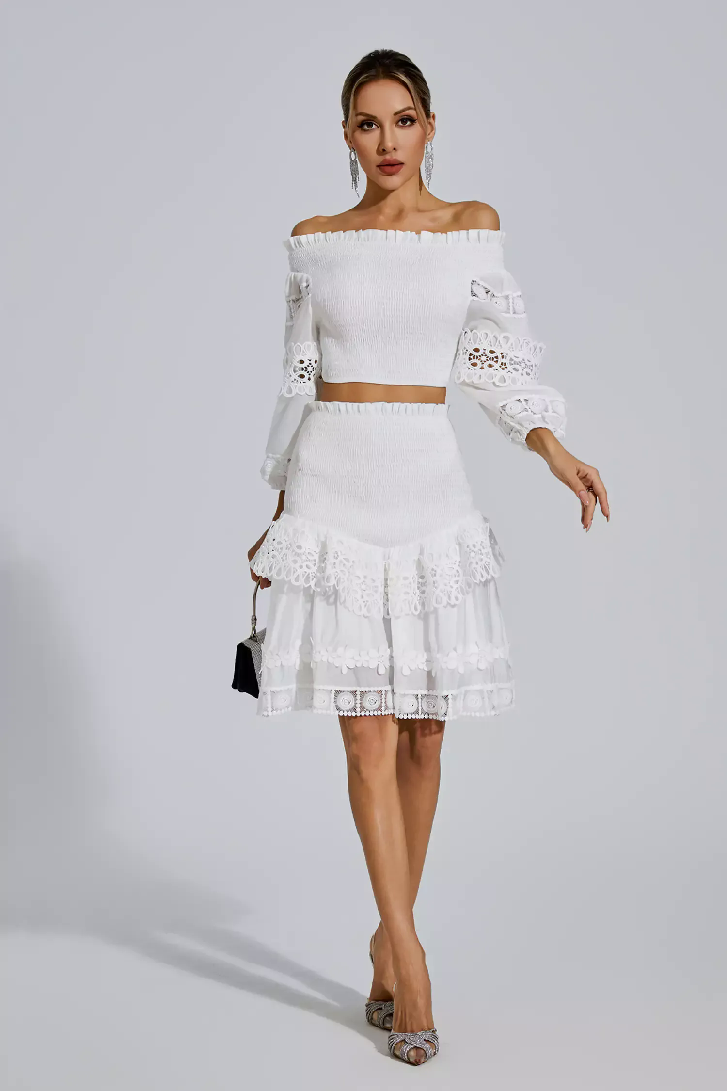 Raina White One-Shoulder Embroidered Set Raina White One-Shoulder Embroidered Set