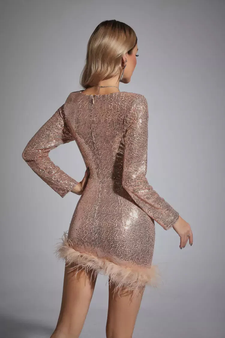 Oakley Champagne Feather Sequin Mini Dress