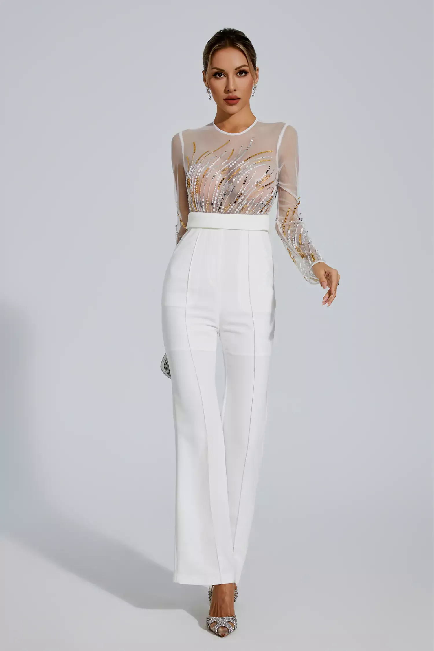 Jaycee White Sequin Mesh Jumpsuit Jaycee White Sequin Mesh Jumpsuit