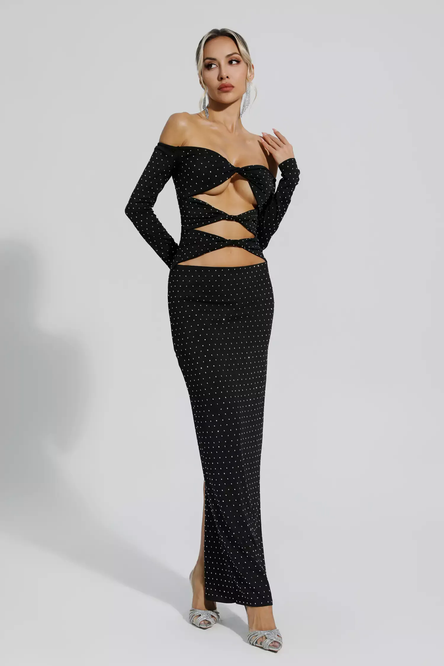 Kataleya Black Diamond Embellishment Cut Out Dress Kataleya Black Diamond Embellishment Cut Out Dress