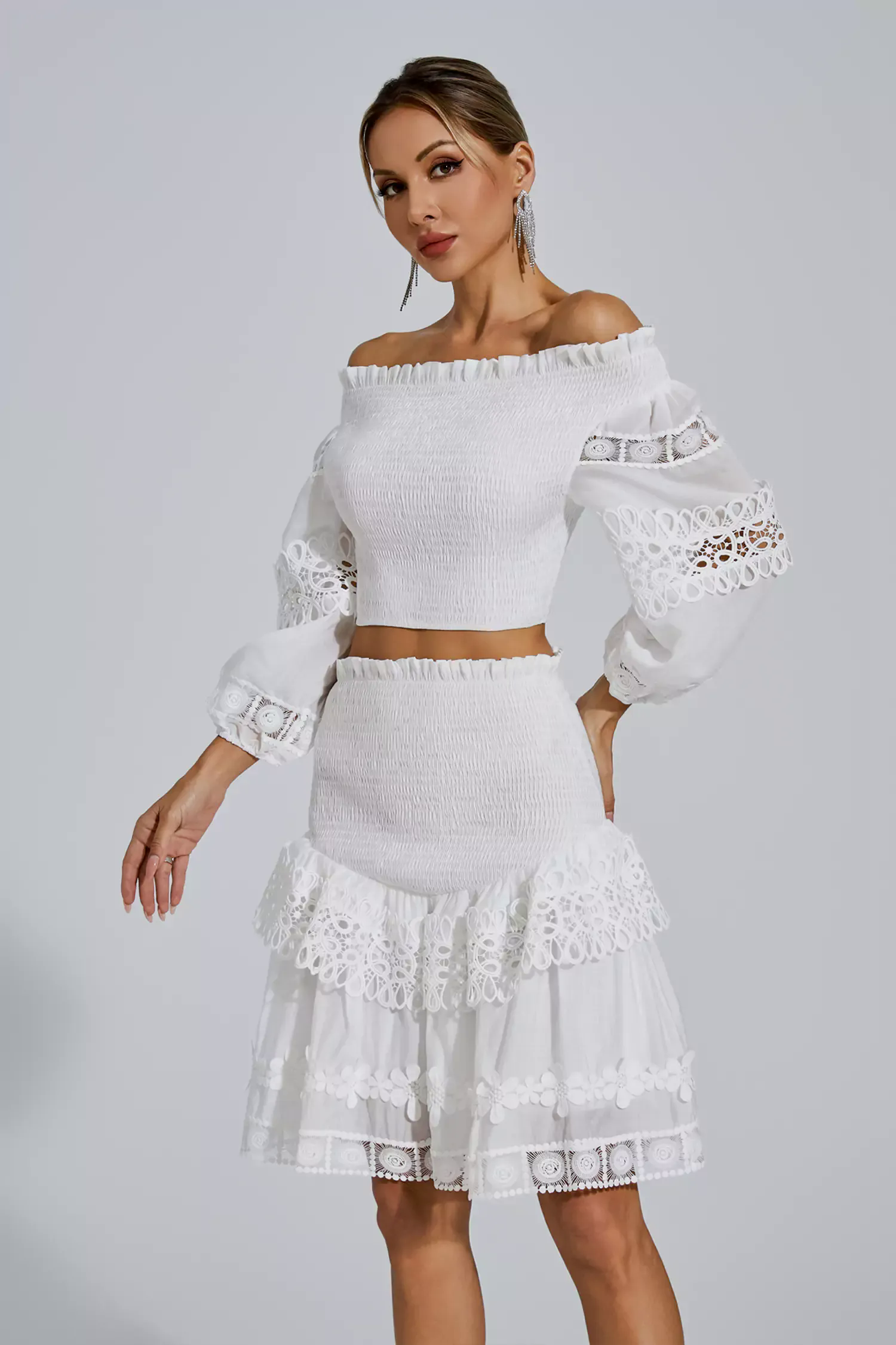 Raina White One-Shoulder Embroidered Set Raina White One-Shoulder Embroidered Set