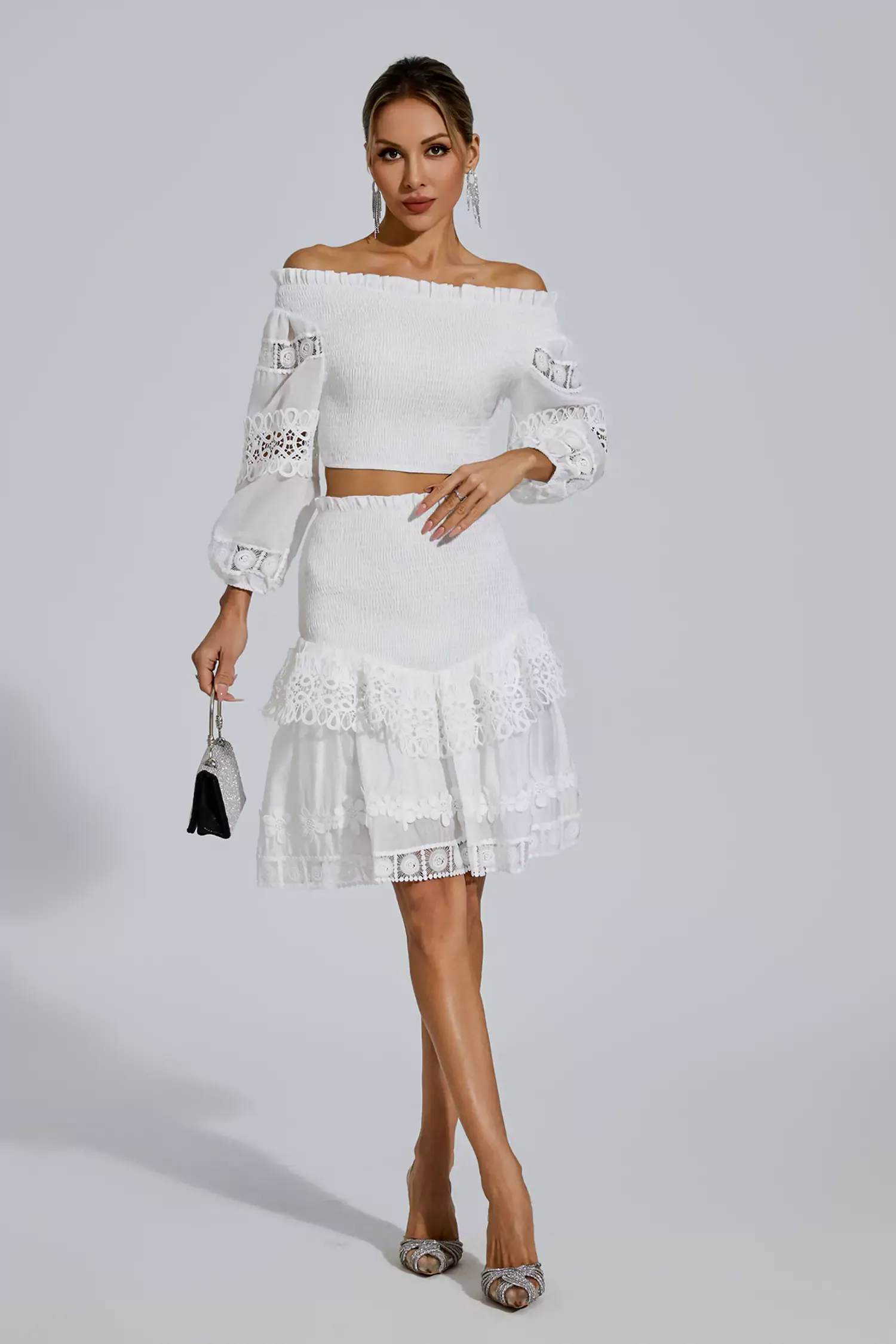 Raina White One-Shoulder Embroidered Set Raina White One-Shoulder Embroidered Set