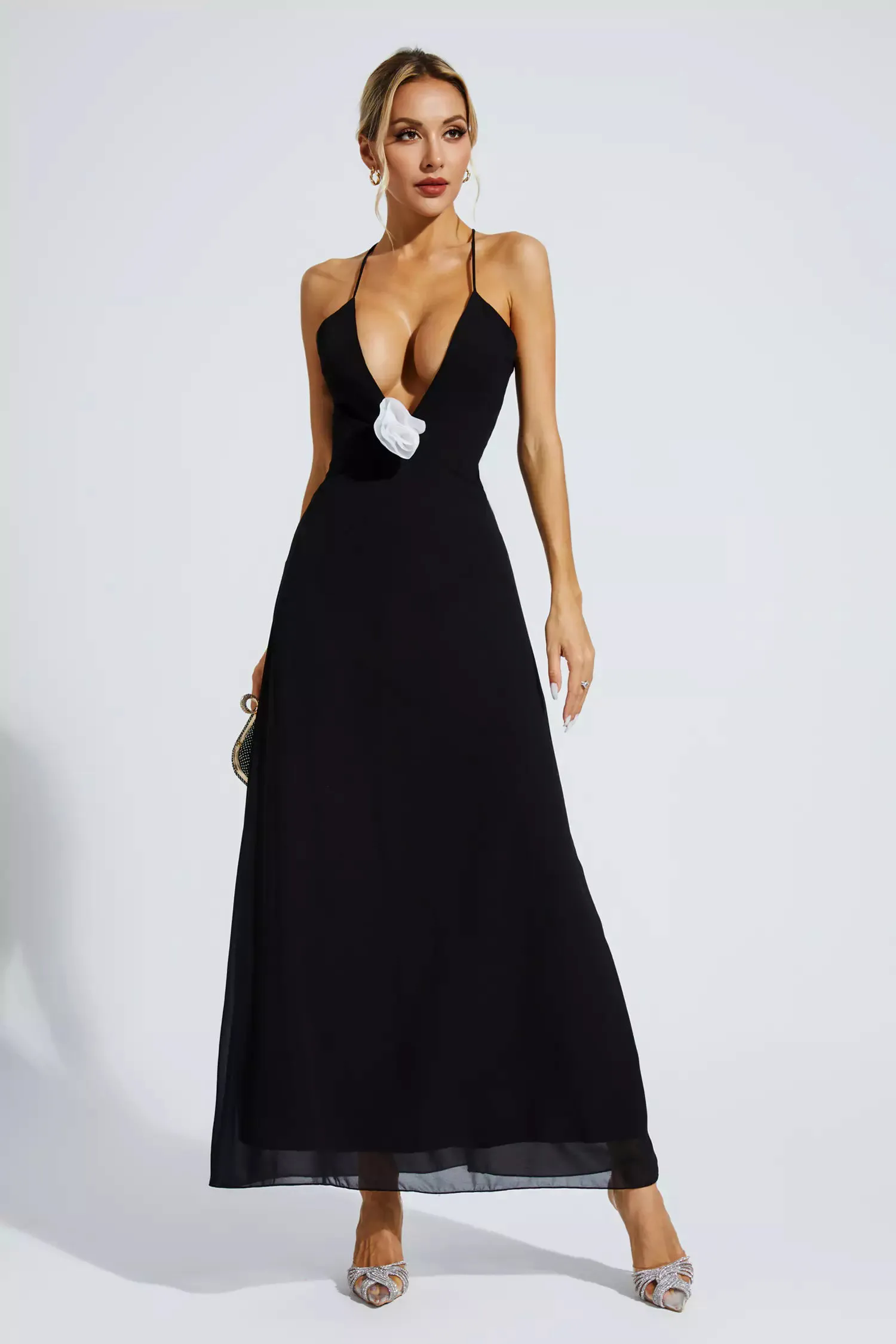 Wrenley Black Floral Embellished Maxi Dress