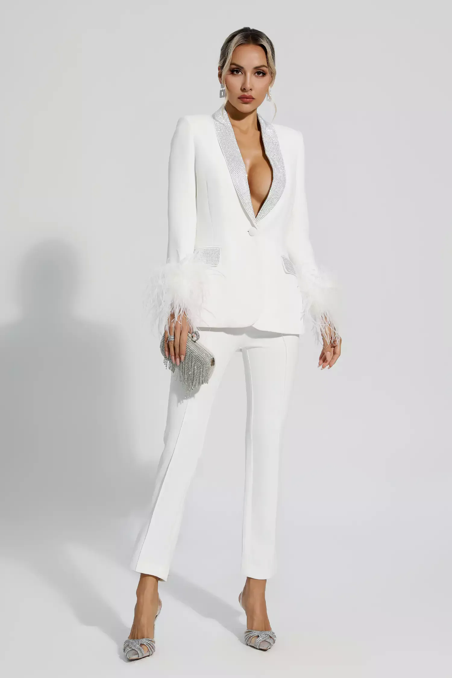Angel White Feather Trim Diamond Blazer Set Angel White Feather Trim Diamond Blazer Set